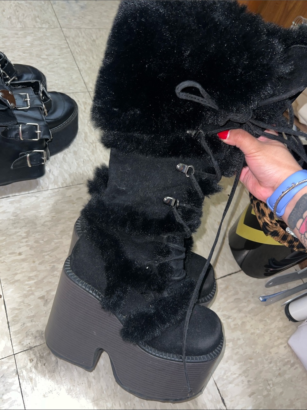 Demonia Black Faux Fur Lace-Up Platform Boots
